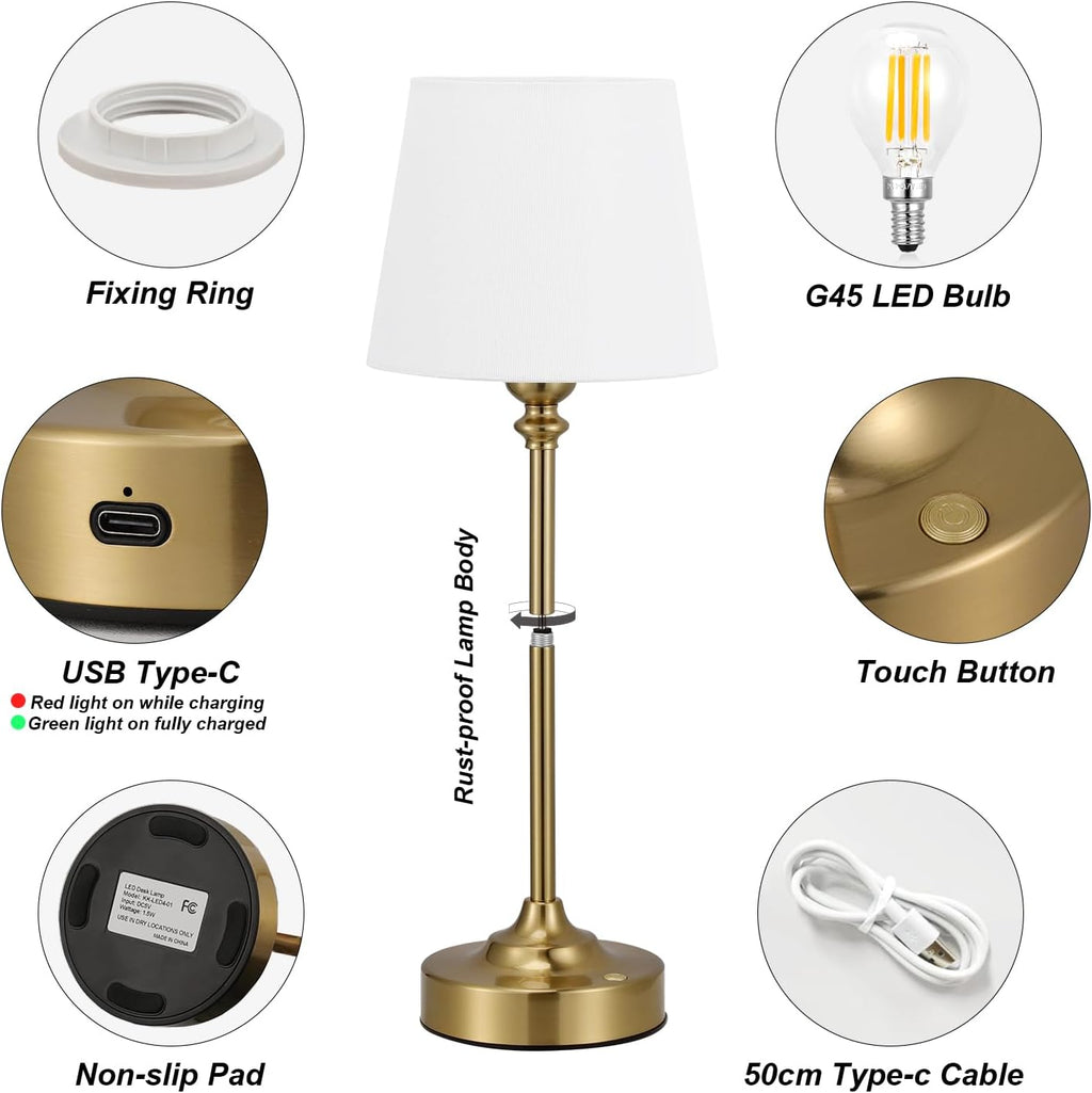 Kakanuo Cordless Table Lamps Rechargeable Set - 2 Pack Gold 4000mAH Battery Operated Lamps for Decor, 3000K Stepless Dimming Touch…