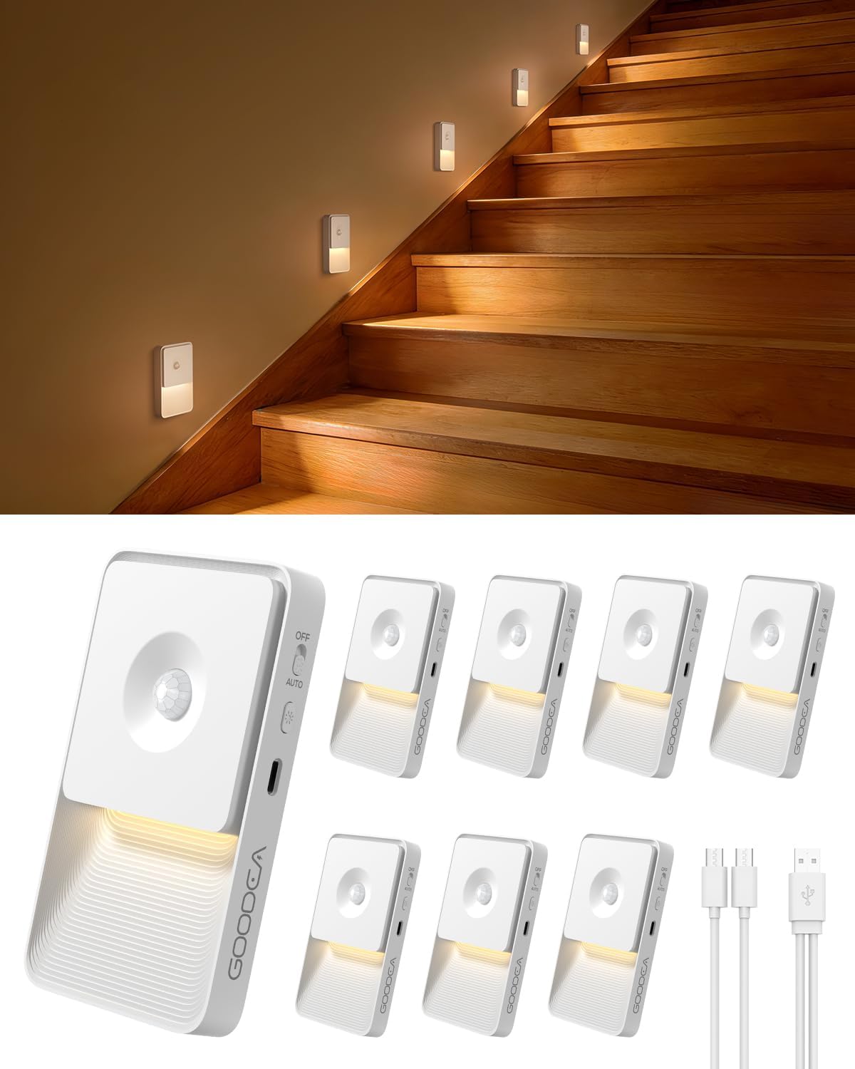 Goodea Rechargeable Motion Sensor Night Lights for Stairs, Magnetic Stair Lights Indoor, Warm Dimmable Night Light for Hallway, Bathroom, Bed…