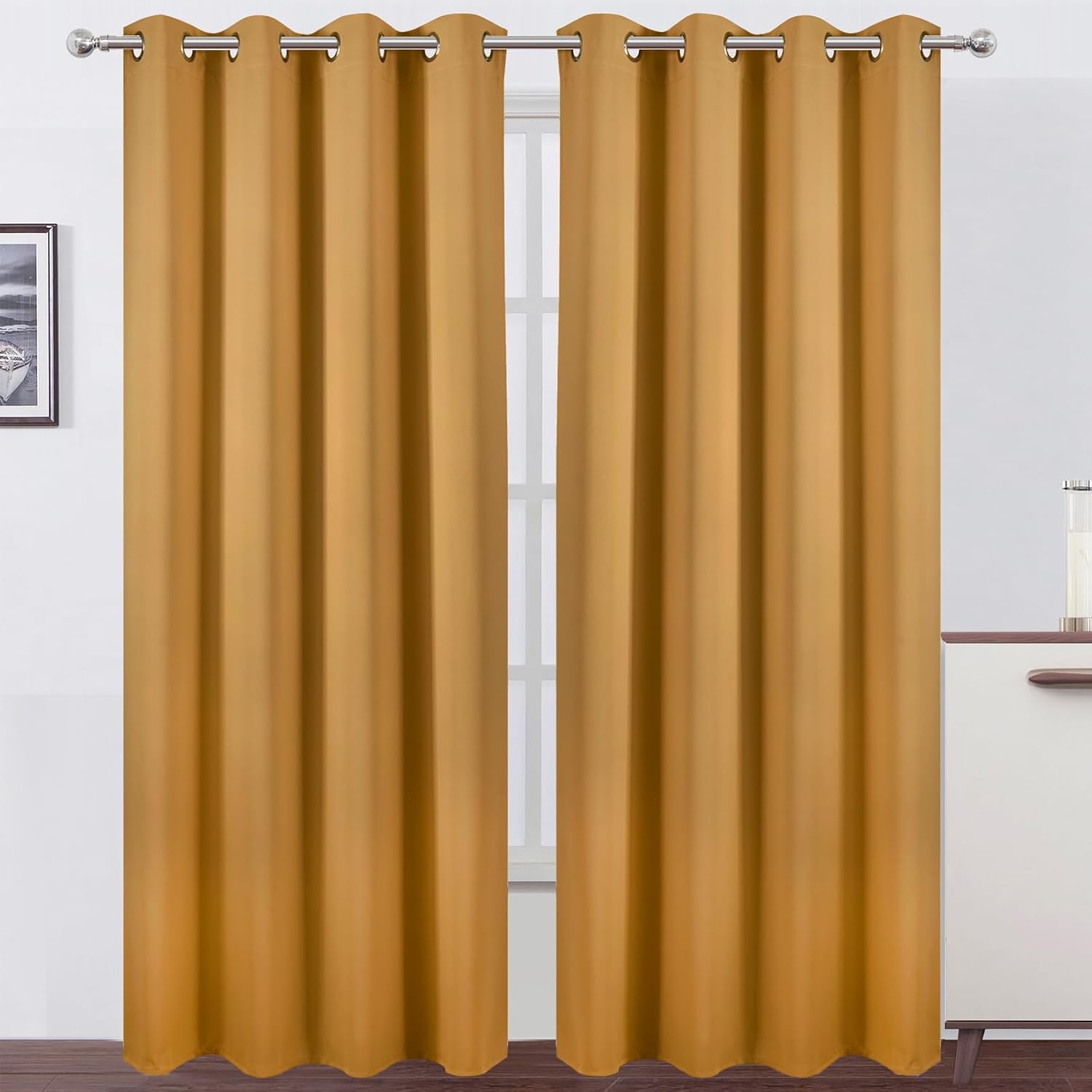 Lemomo Blackout Curtains 52 x 84 inches Long Mustard Yellow Curtains Set of 2 Panels Thermal Insulated Room Darkening Curtains for Bedroom…