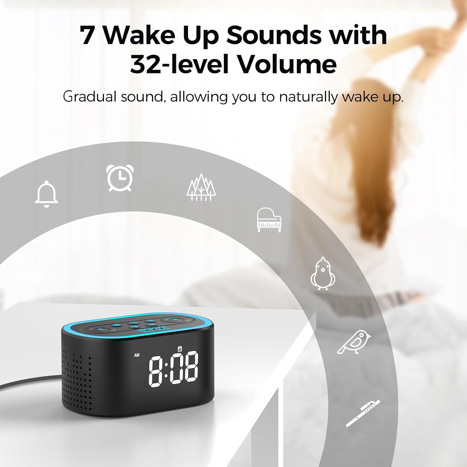 Reacher Digital Alarm Clock & White Noise Sound Machine, 21 Soothing Sounds, 7 Wake Up Sounds, 8 Night Lights, 32-Level Volume, 9 Sleep…