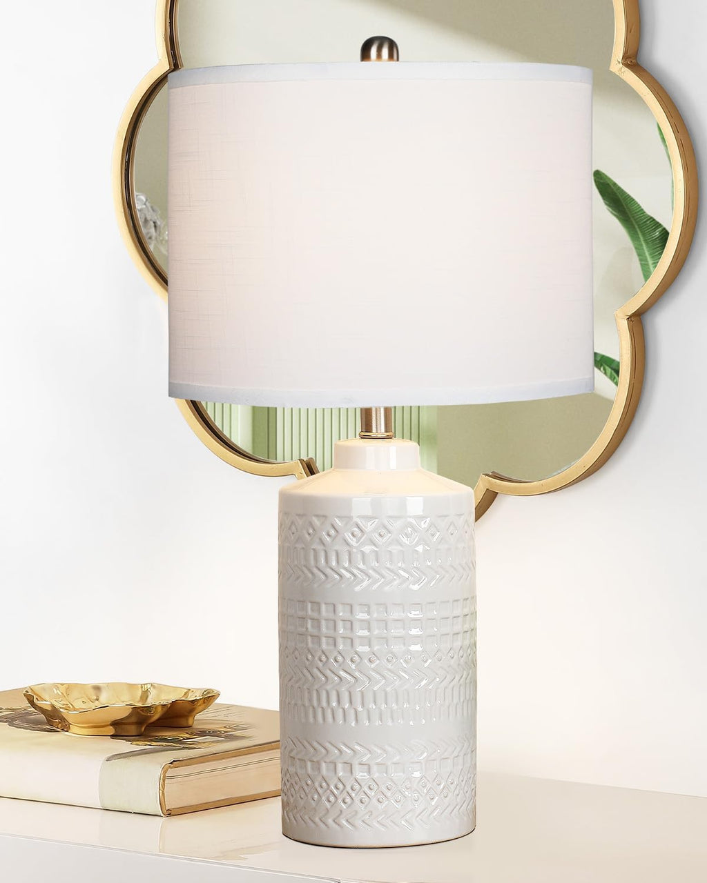 JUNNAI 24.5" White Ceramic Table Lamp 3-Way Dimmable Nightstand with White Linen Shade Bedside Lamp for Bedrooms & Living Room Office…