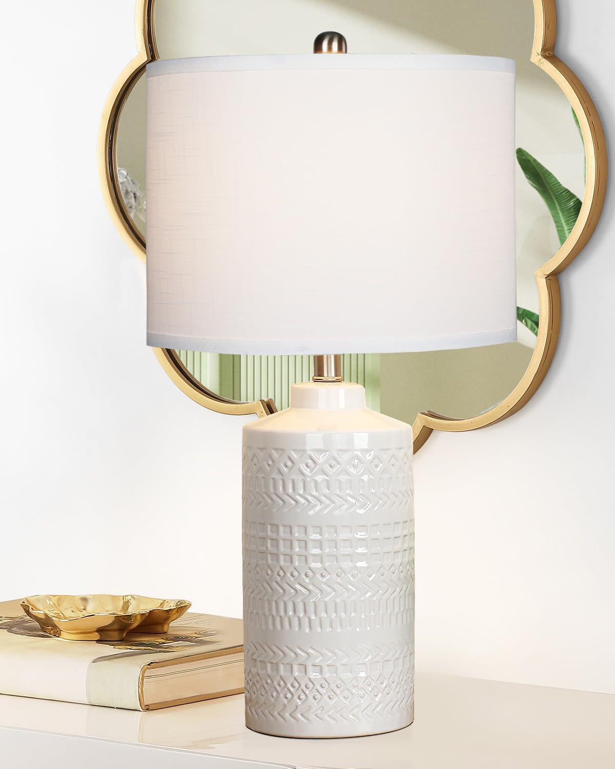 JUNNAI 24.5" White Ceramic Table Lamp 3-Way Dimmable Nightstand with White Linen Shade Bedside Lamp for Bedrooms & Living Room Office…