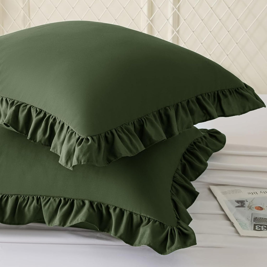 KKJIAF Ruffle Pillow Cases 18x18 Inches, Olive Green Square Ruffled Pillow Covers Set of 2, Microfiber Wrinkle Resistant Pillow Shams…