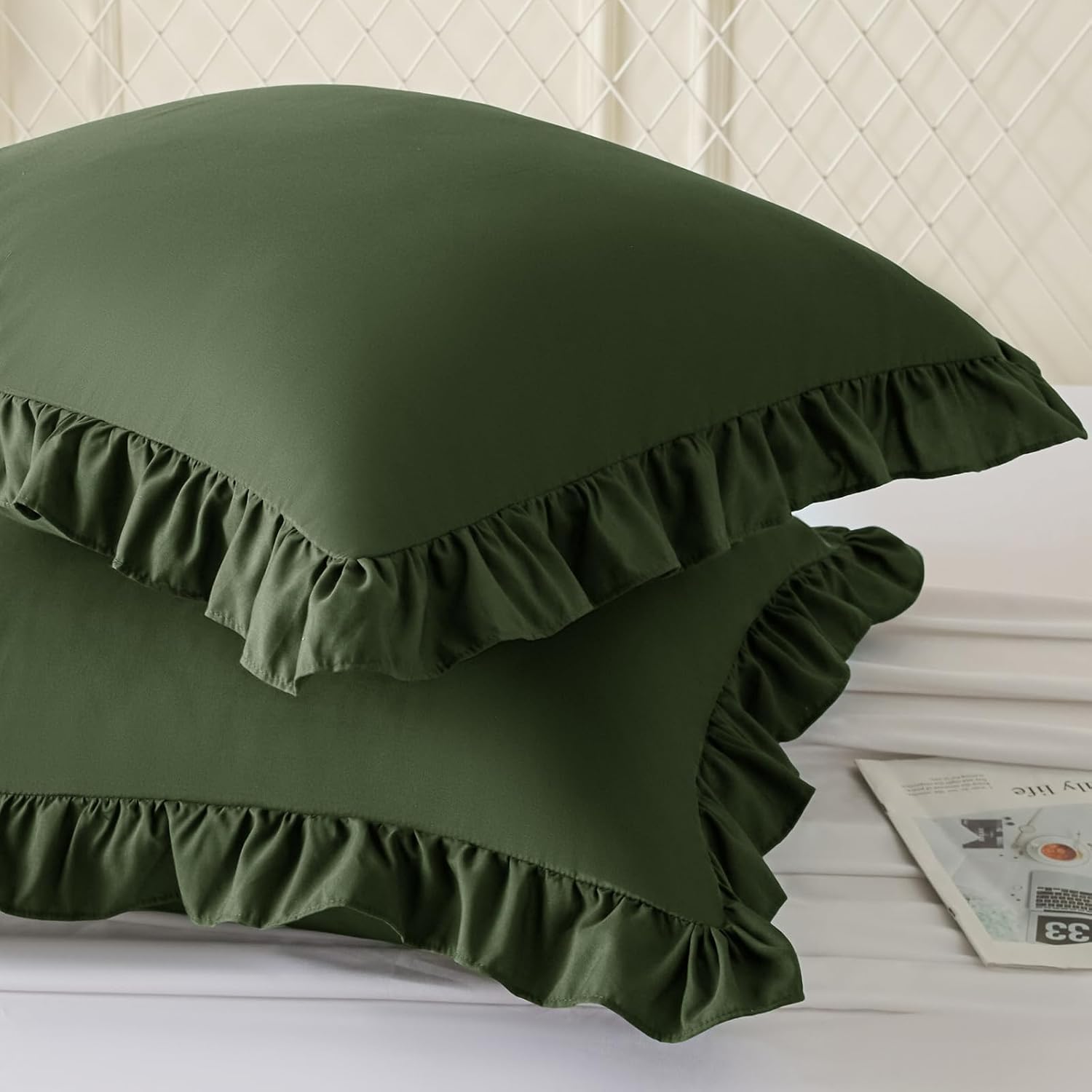KKJIAF Ruffle Pillow Cases 26x26 Inches, Olive Green Square Ruffled Pillow Covers Set of 2, Microfiber Wrinkle Resistant Pillow Shams…