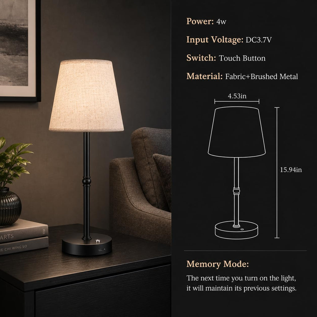 Cordless LED Table Lamp, 6000mAh Rechargeable Battery Operated Desk Lamp, 4-Level Dimming Metal Portable Nightlight for Restaurant…