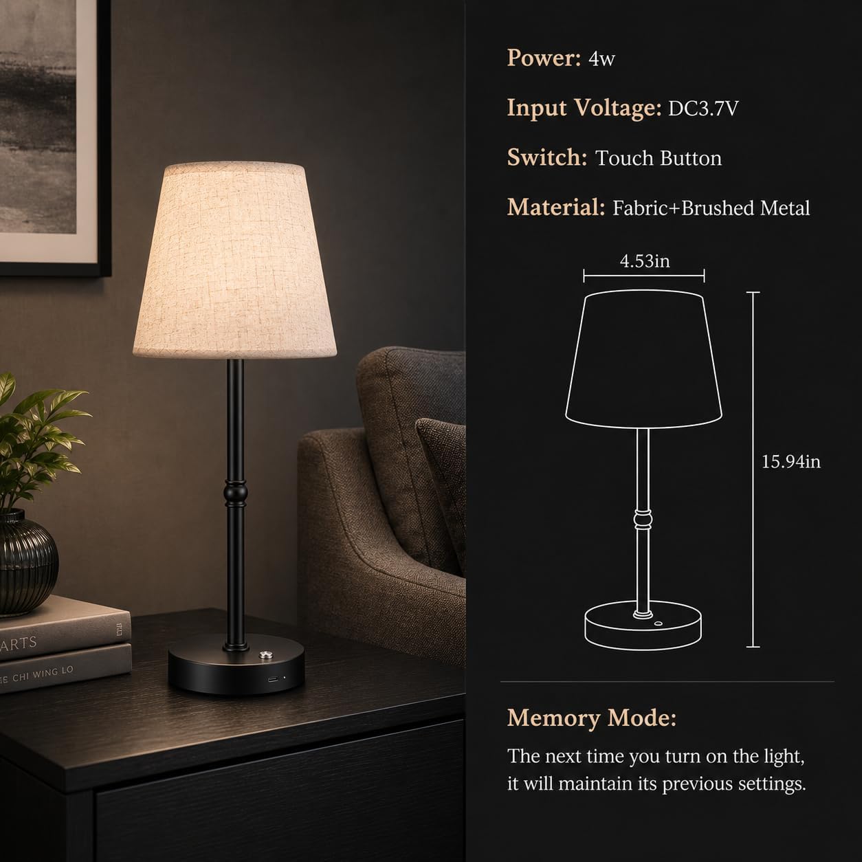 Cordless LED Table Lamp, 6000mAh Rechargeable Battery Operated Desk Lamp, 4-Level Dimming Metal Portable Nightlight for Restaurant…