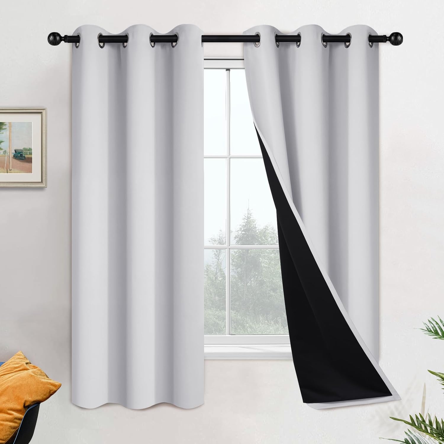 Yakamok 100% Blackout Curtains 63 Inches Long, 2 Thick Layers Heat and Full Light Blocking Soft Thermal Insulated Drapes for Bedroom(42" Wi…