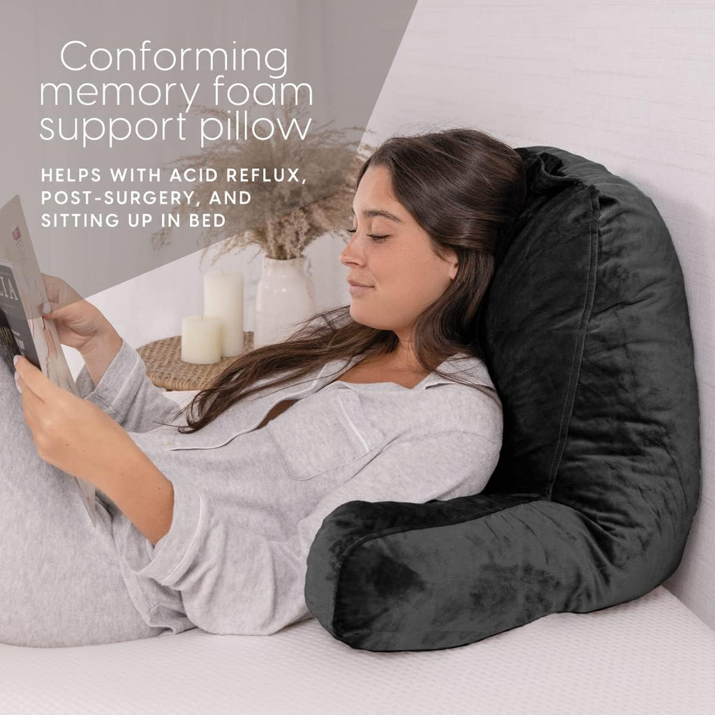 Milliard Reading Pillow with Arms, Black, Cozy Shredded Memory Foam Back Pillow for Bed Sitting Up - Sit Up Backrest Support for Reading…