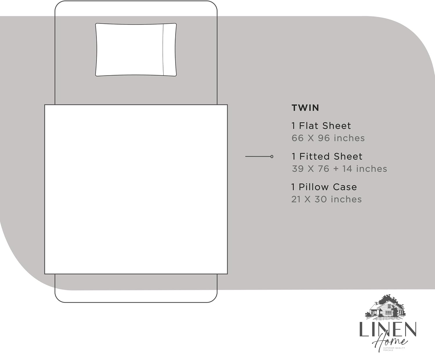 Linen Home 100% Cotton Percale Sheets Twin Size, Silver, Deep Pocket, 3 Pieces Set - 1 Flat, 1 Deep Pocket Fitted Sheet and 1 Pillowcase…