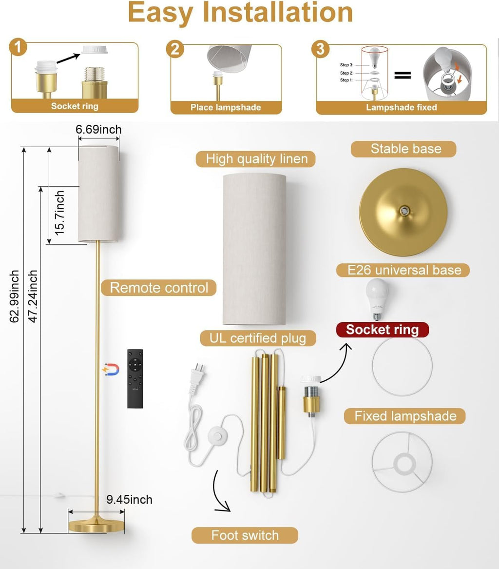 luckystyle LED Floor Lamp for Living Room, Dimmable Standing Lamps with Foot Switch, Remote Custom Color Temperature Gold Pole Lamp with…