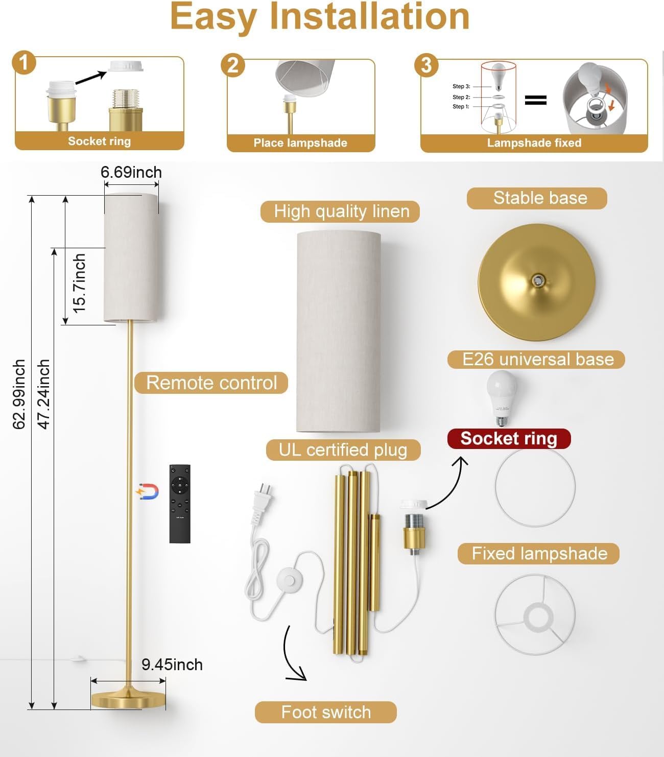 luckystyle LED Floor Lamp for Living Room, Dimmable Standing Lamps with Foot Switch, Remote Custom Color Temperature Gold Pole Lamp with…