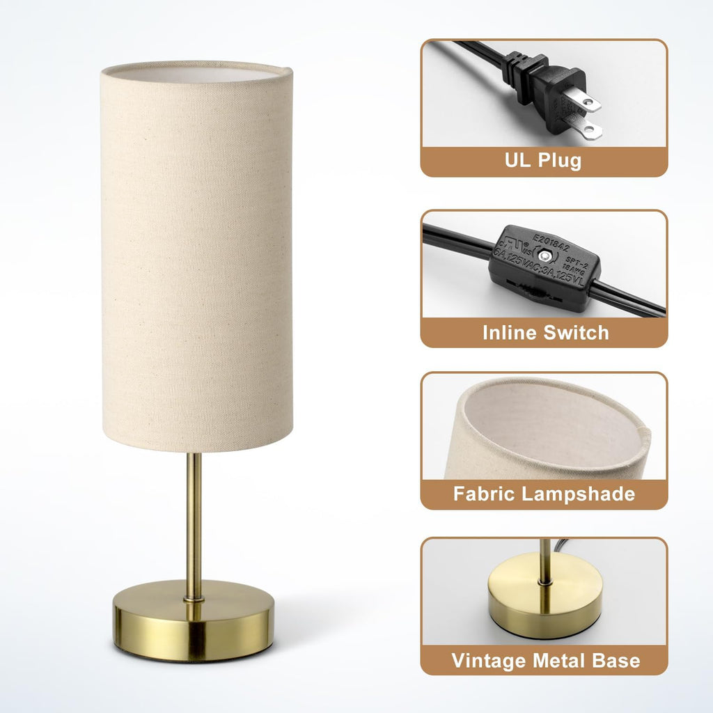 Small Side Table Lamp for Bedroom Night Stands, Round Linen Shade and Antique Brass Metal Base, Retro Minimalist Bedside Lamps for…