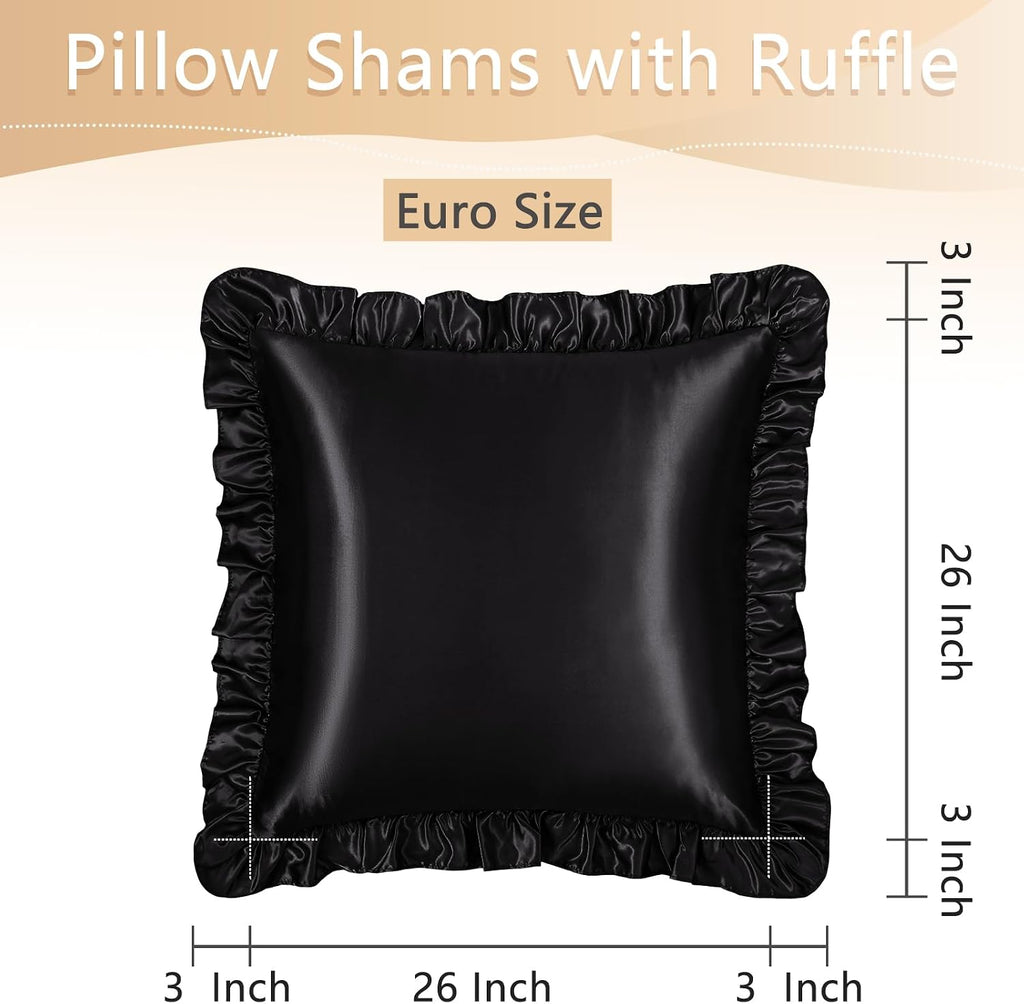 Homiest Ruffle Euro Sham Covers 26x26 Inch Set of 2, Black Satin Pillow Shams with 3 Inch Wide Decorative Ruffled, European Square Satin…