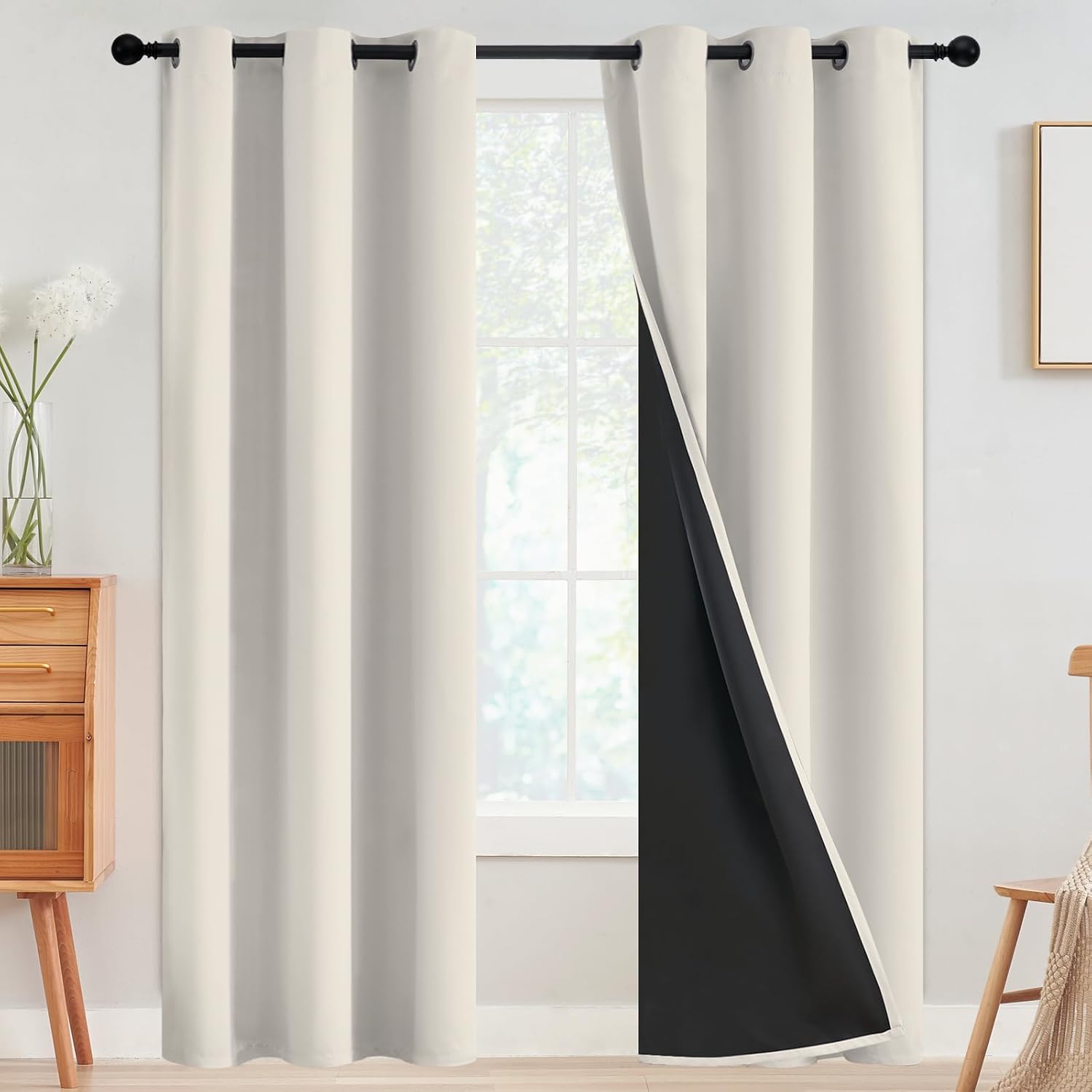 SimpleHome 100% Blackout Curtains for Bedroom, Thermal Insulated Cream Grommet Window Drapes Room Darkening Curtains for Living Room with Bl…