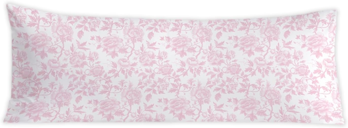 Pink Chinoiserie Floral 20x54 Body Pillow Cover, Grandmillennial Home Decor, Chinoiserie Decor, Vintage Pink and White Flower Decorative…