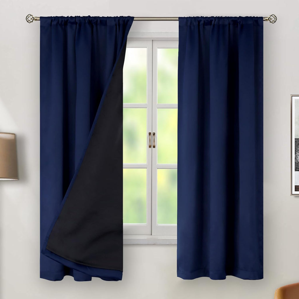 BGment Navy Blue 100% Blackout Curtains 63 Inches Long with Thermal Insulated Liner, Rod Pocket and Back Tab Double Layer Full Room…