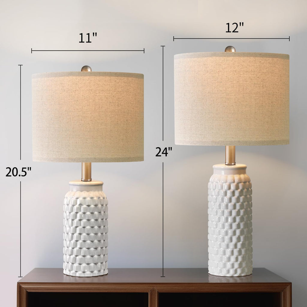USumkky 24" Modern Ceramic White Bedside Lamp Set of 2 Table Lamp for Bedroom Decor Farmhouse Table Lamp for Living Room Office Dorm