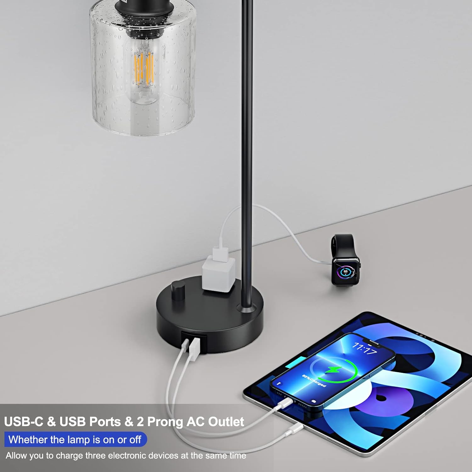 Industrial Bedside Table Lamp for Bedroom - Nightstand Lamps with USB C Charging Port, Fully Dimmable Black Ports and Outlets, Small Desk…