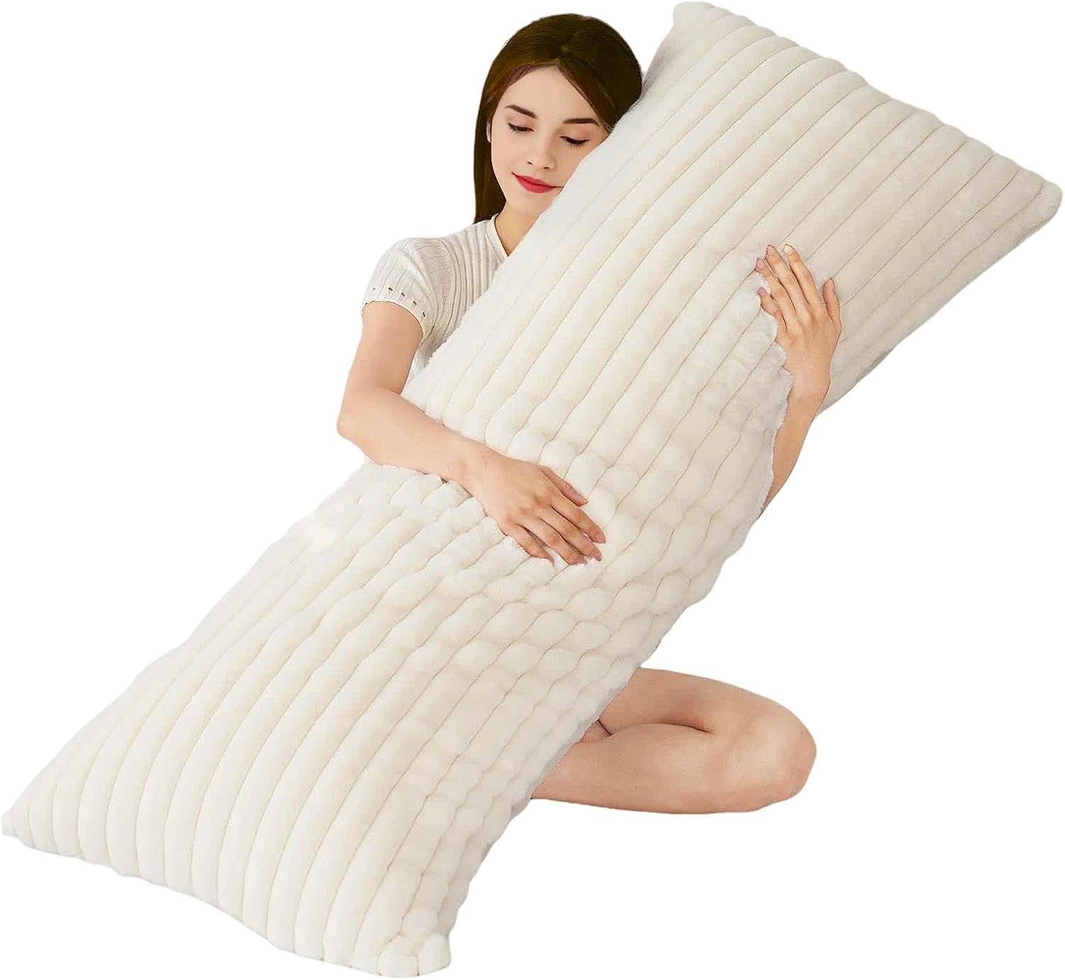 Memfydu Full Body Pillow with Fluffy Stripe Faux Fur Removable Cover, Long Bed Pillow Adult 20x54 Inches for Side Sleeper and Pregnancy, Be…