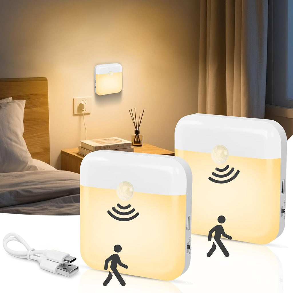 2 Pack Motion Sensor Night Light, Rechargeable Battery Night Lights Warm White, Portable Mini Motion Activated Night Light for Wall…