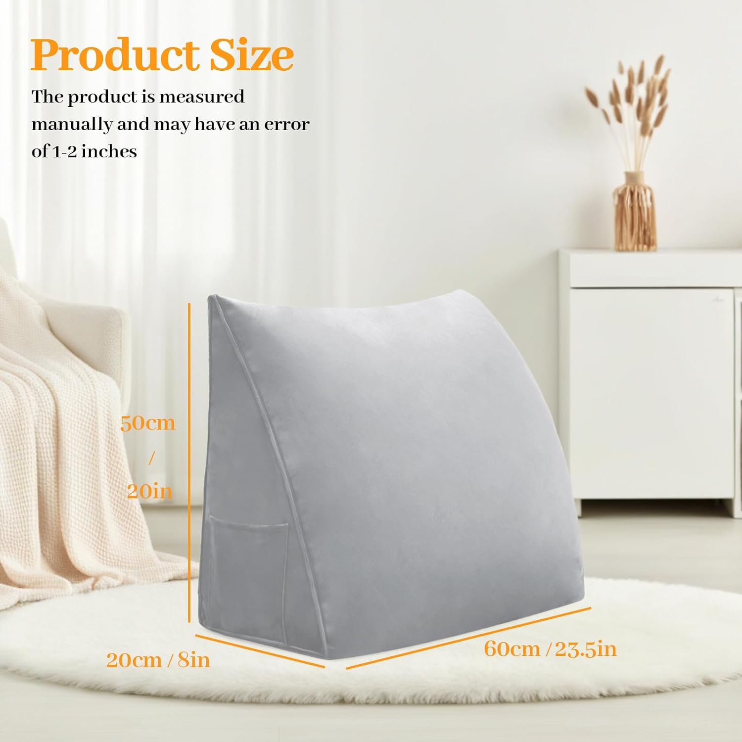 Wedge Headboard Pillow Reading Backrest Pillow for Sitting in Bed Sofa Dorm with Removable Cover Side Pockets Dutch Velvet Fabric Grey