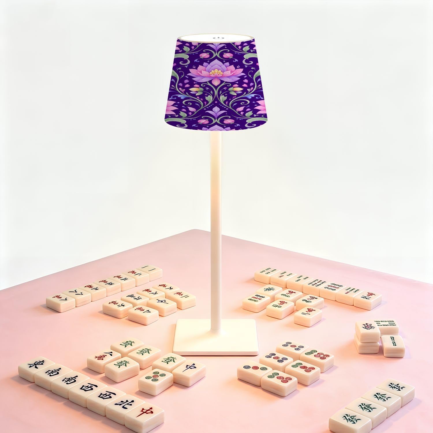 Cordless Mahjong Lamp Pink Lotus Floral Deep Purple Ornamental Vines Small LED Lamp 3 Color Dimmable Rechargeable Lamps for Mah Jong…