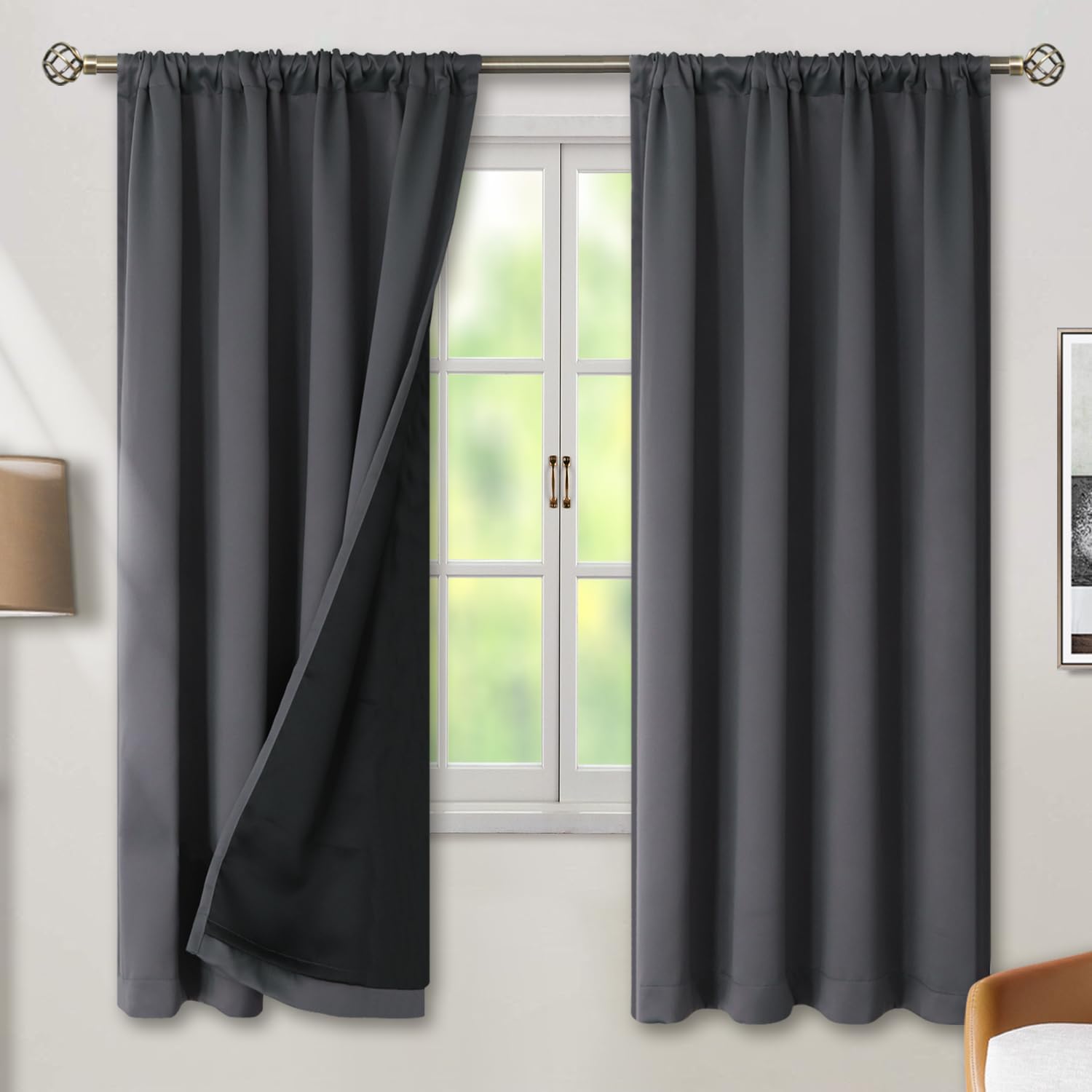 BGment 100% Grey Blackout Curtains 72 Inches Long for Bedroom, Double Layer Room Darkening Thermal Insulated Curtains with Liner Rod…