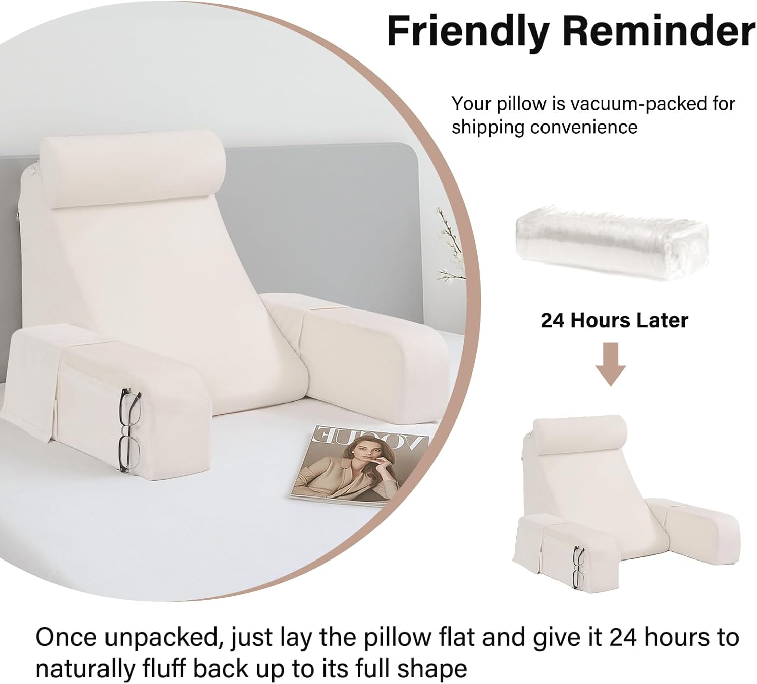ENITYA 19" Back Pillow for Bed Sitting up, Big Pockets and Washable Removable Cover, Reading Chair for Watching TV/Reading/Gaming/Resting…
