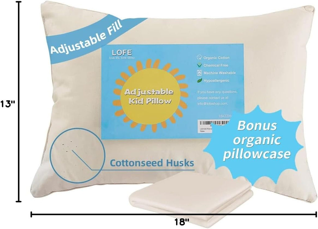 Organic Toddler Pillow with Pillowcase - 13x18 Toddler Pillow with 100% Organic Cotton Shell, Adjustable Loft Organic Kid Plilow, Machine…