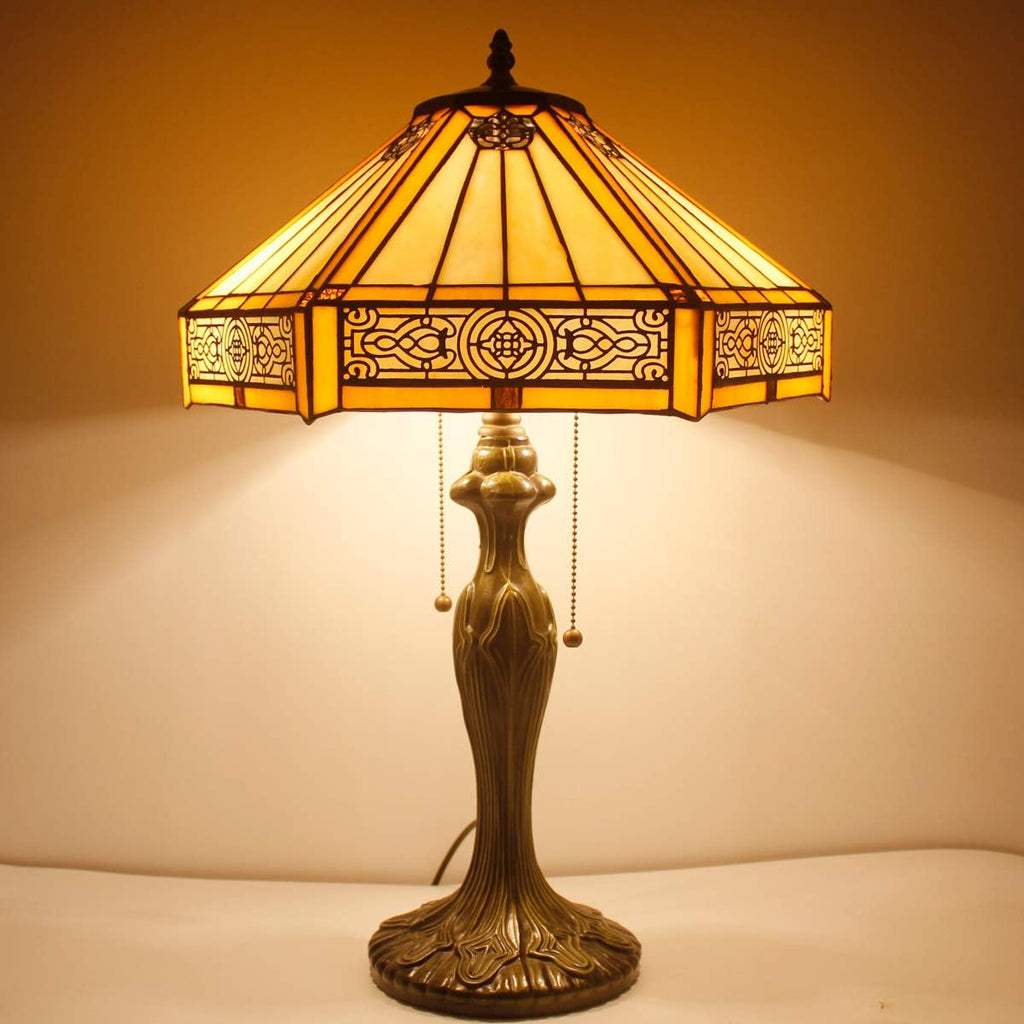 WERFACTORY Tiffany Table Lamp Yellow Hexagon Stained Glass Bedside Lamp Mission 16X16X24 Inches Desk Reading Light Metal Base Decor…