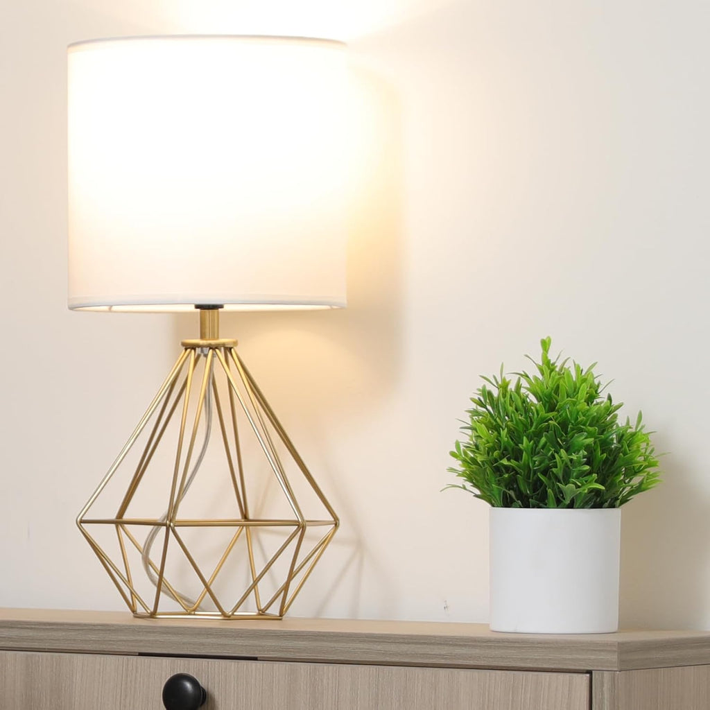 Gold Modern Small Table Lamp for Bedroom & Living Room - Geometric Metal Base, White Fabric Shade, Ideal for Bedside & Kids' Desk…