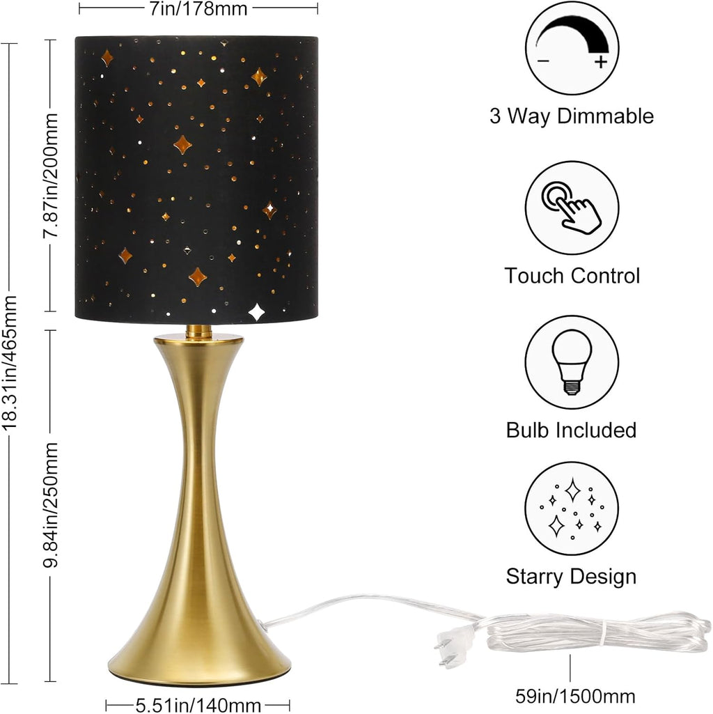 Touch Lamp for Bedroom, 3 Way Dimmable Gold Table Lamp with Black Starry Shade, Decorative Nightstand Lamp Ambient Beside Light for…