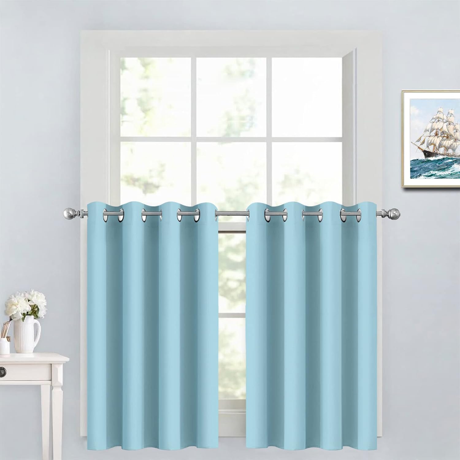 Yakamok Blackout Window Valances for Kitchen Thermal Insulated Blackout Grommet Top Curtain for Bedroom, Sky Blue, 52x36 Inch, 2 Panels