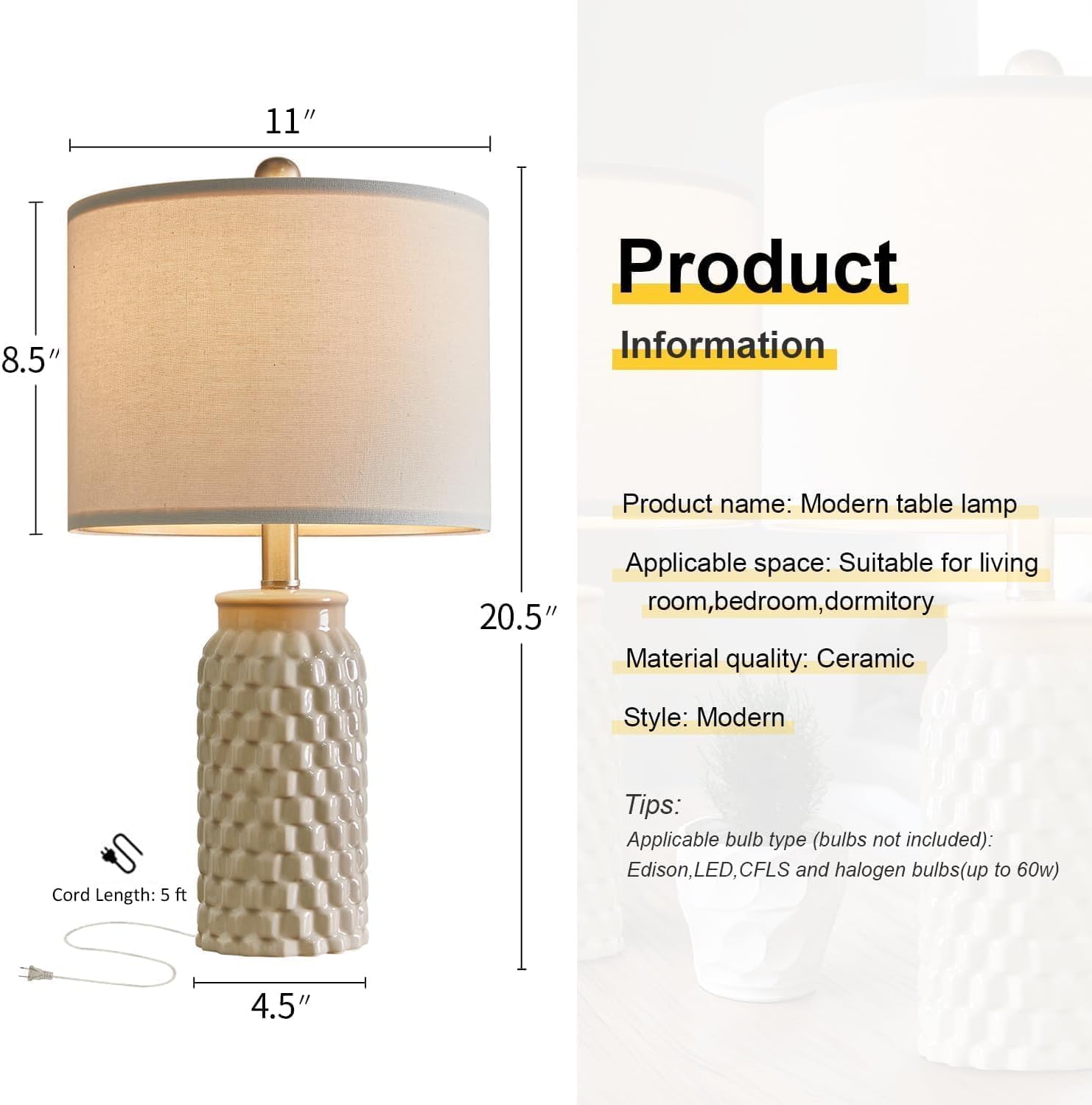 USumkky 20.5" Ceramic Table Lamps Set of 2 - Modern Farmhouse & Boho Style, Bedside Nightstand Lamps for Bedroom, Living Room End Table…