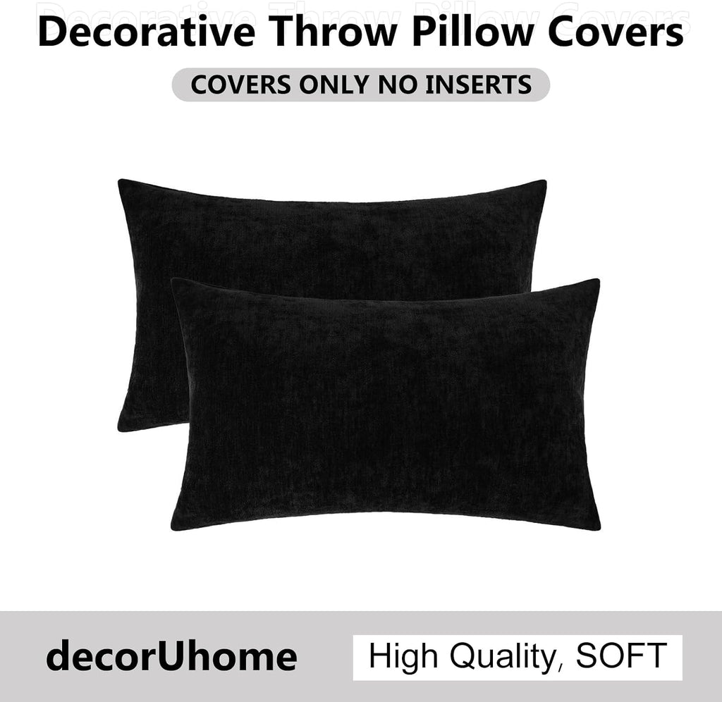 decorUhome Chenille Black Throw Pillow Covers 12x20 Inch Set of 2, Decorative Soft Couch Pillow Covers Solid Dyed Accent Farmhouse Neutral…