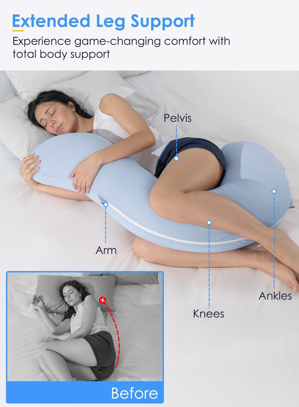 Queenrose QUEEN ROSE Cooling Body Pillow, Full Body Support Pillow for Side Sleepers, Soft S Shaped Hug Pillow for Adults, with Removable P…