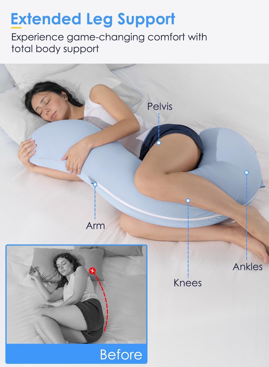 Queenrose QUEEN ROSE Cooling Body Pillow, Full Body Support Pillow for Side Sleepers, Soft S Shaped Hug Pillow for Adults, with Removable P…