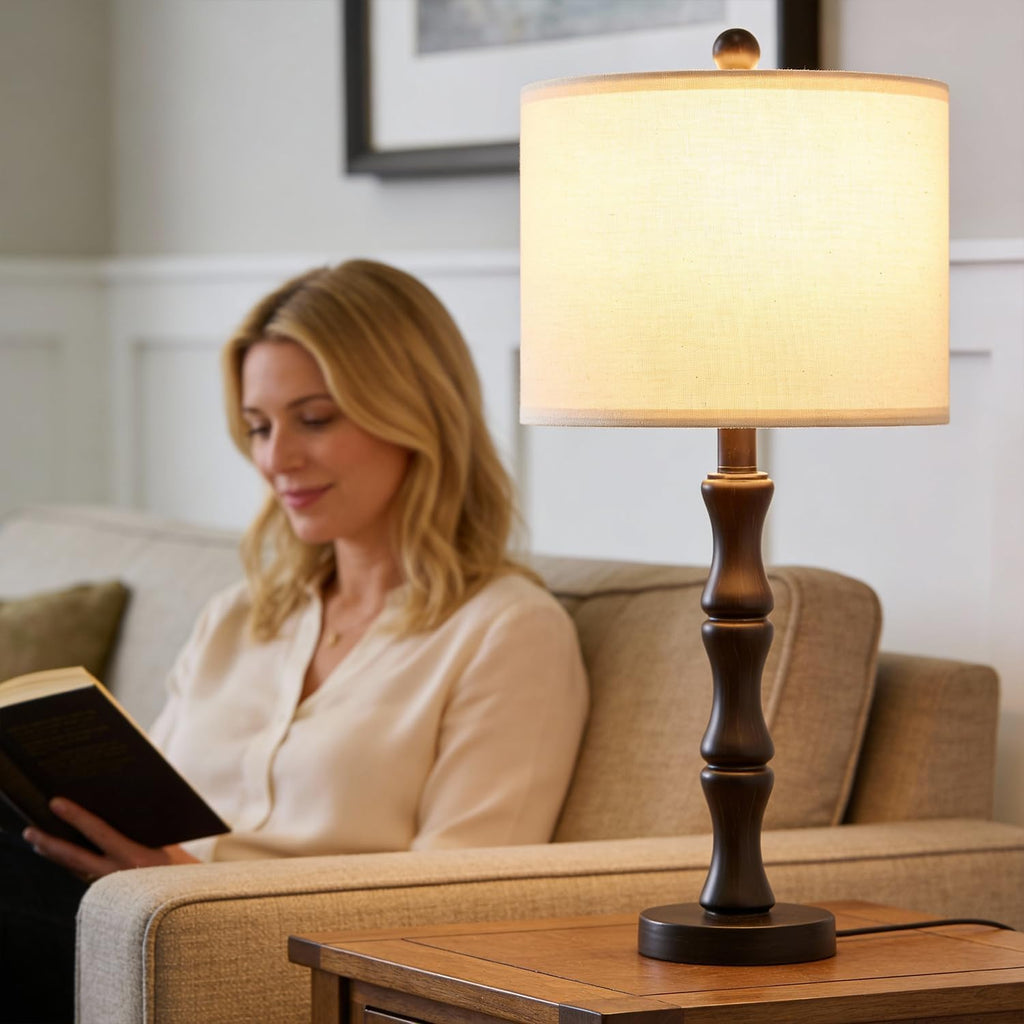 BOBOMOMO 25" Classic Table Lamps Set of 2, Farmhouse Nightstand Lamps with Dark Brown Resin Base & Linen Shade, Standard Table Lamps for…