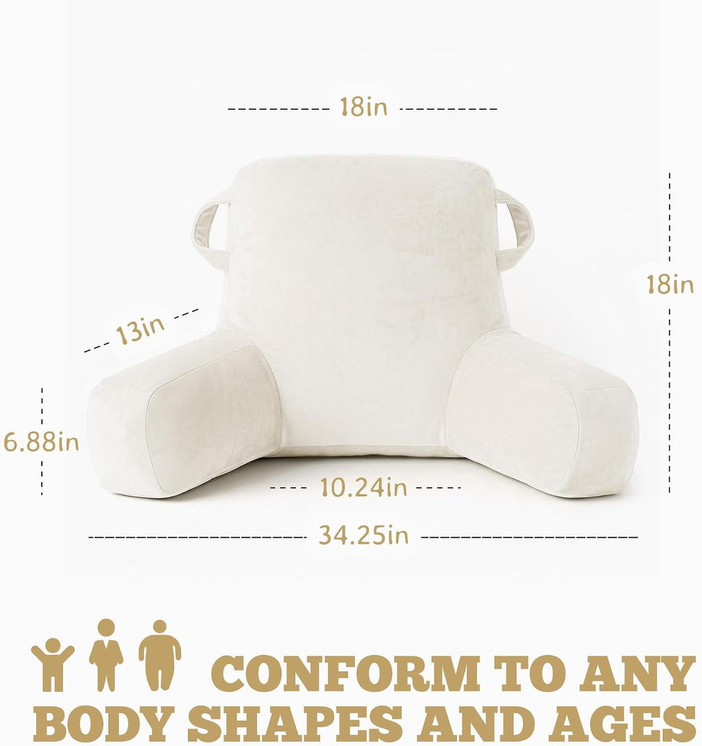 Unisakey Portable Comfy Reading Pillows for Bed Sitting Up(Beige Oeko-Tex), Velvet Back Pillow with Arms & Pockets for Adults, Support…