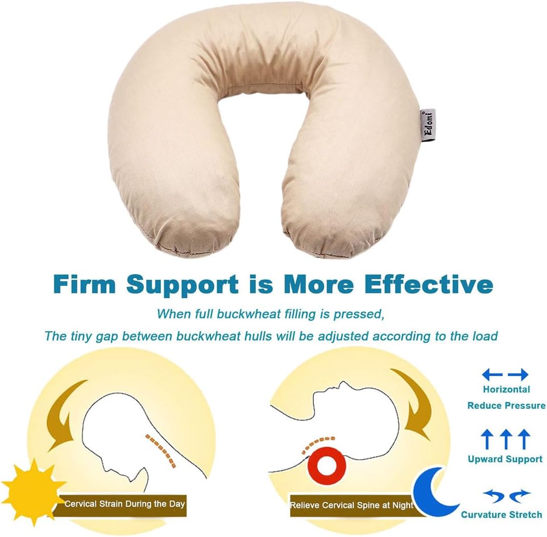 Edomi Buckwheat Neck Pillow for Sleeping U Shaped Pillow Cooling Travel Head Support Pillow for Neck Side Sleepers Buckwheat Hulls Conceale…