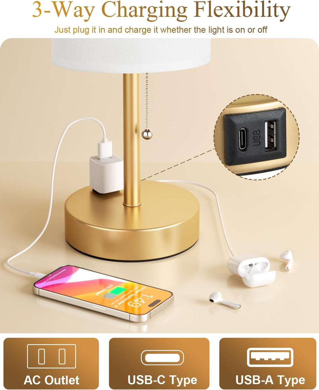 Fenmzee Plus Gold Bedside Lamps Set of 2-3 Color Temperatures Pull Chain Lamp with AC Outlet Charging Port, Round Night Stand Lamps for…