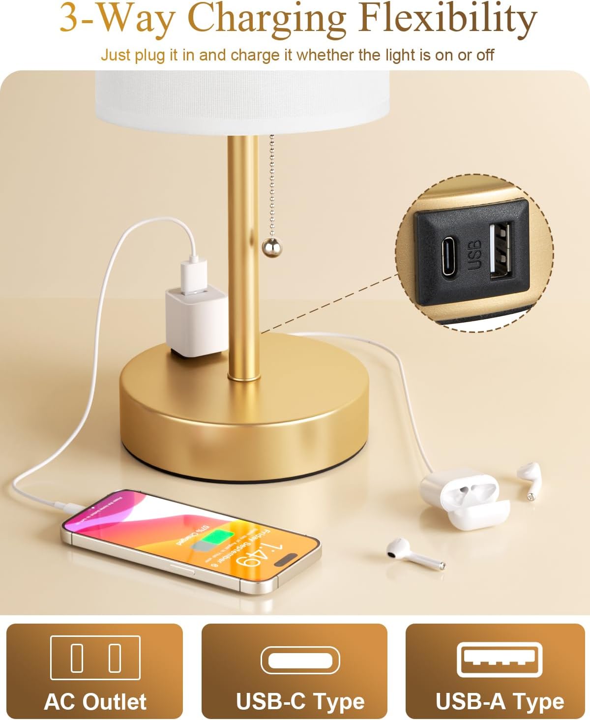 Fenmzee Plus Gold Bedside Lamps Set of 2-3 Color Temperatures Pull Chain Lamp with AC Outlet Charging Port, Round Night Stand Lamps for…