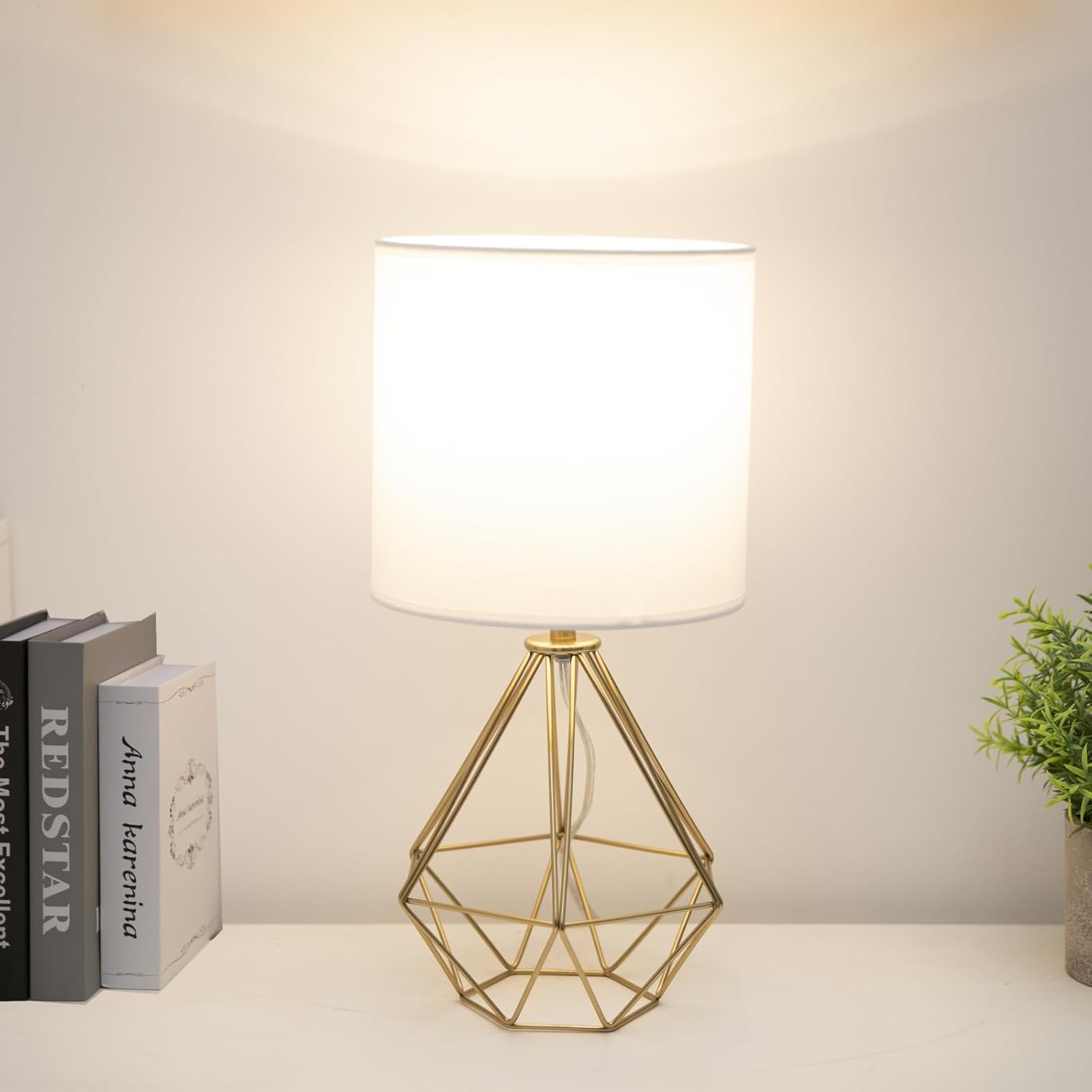 Gold Modern Small Table Lamp for Bedroom & Living Room - Geometric Metal Base, White Fabric Shade, Ideal for Bedside & Kids' Desk…