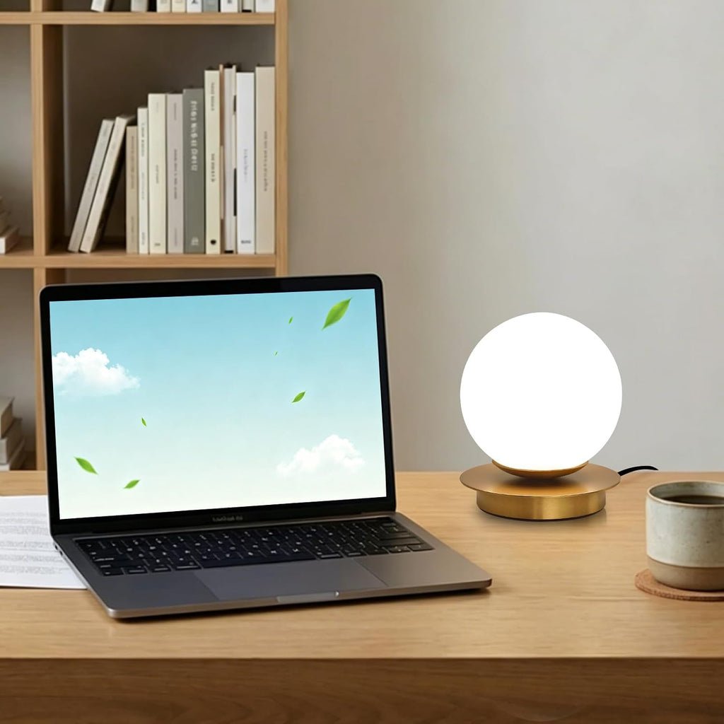 Touch Bedside Table Lamp, Brushed Gold Modern Small Nightstand Lamp for Bedroom Living Room Kids Room, Milky White Globe Glass Desk Lamp…