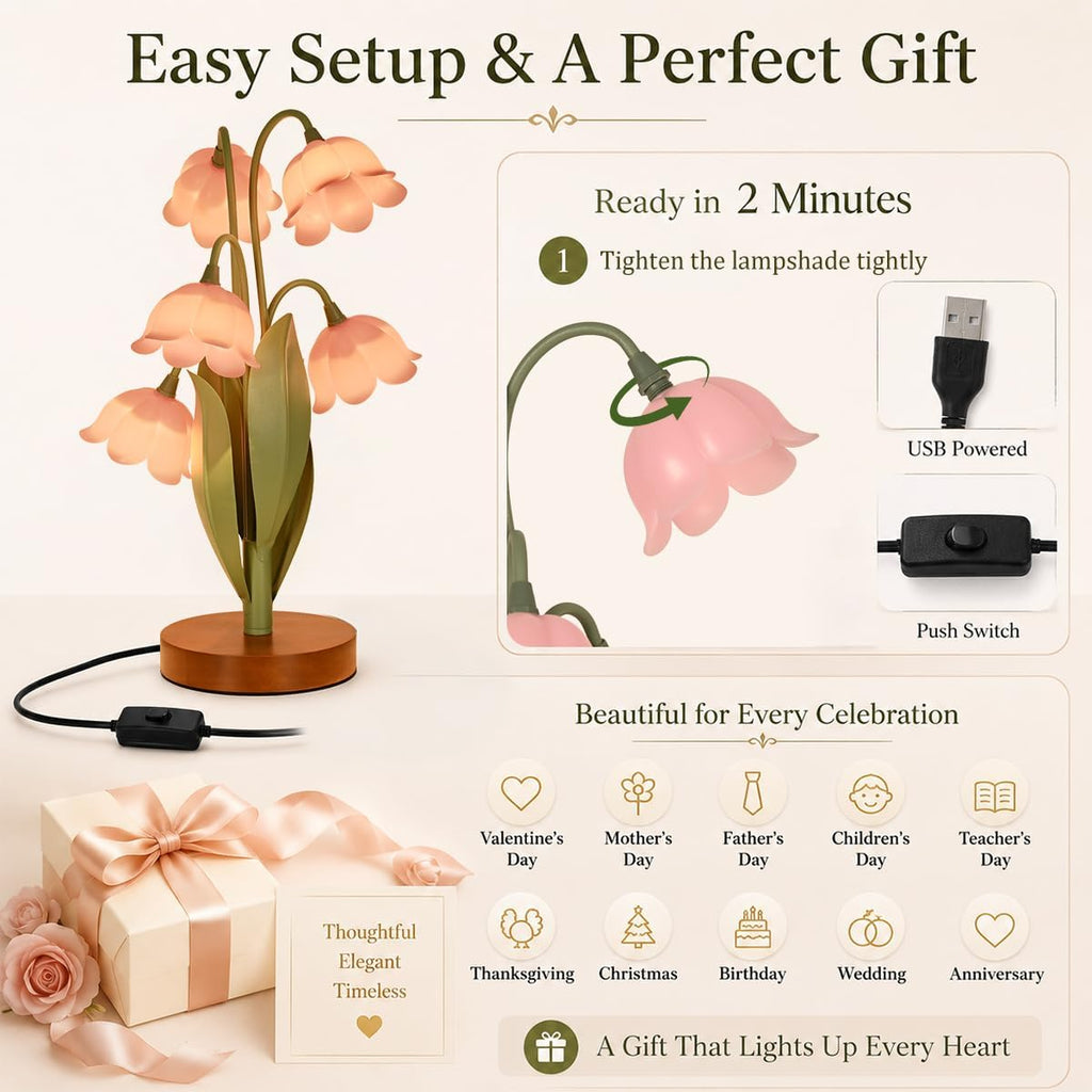 Flower Table Lamp for Bedroom, Cute Reading Light with 5 Pink Tulip Flower of The Valley, Desk Lamp Bedside Lamps for Nightstands Home…