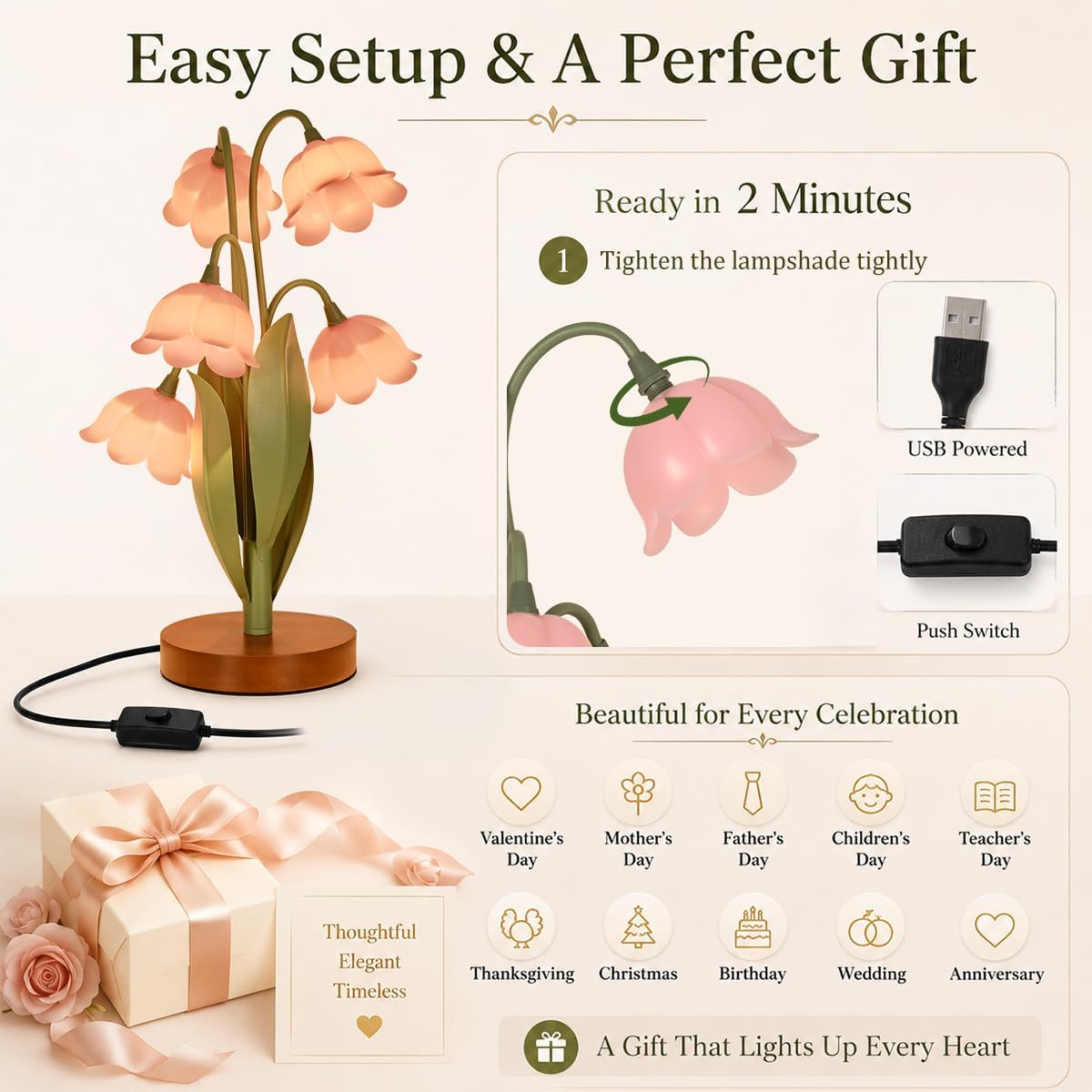 Flower Table Lamp for Bedroom, Cute Reading Light with 5 Pink Tulip Flower of The Valley, Desk Lamp Bedside Lamps for Nightstands Home…