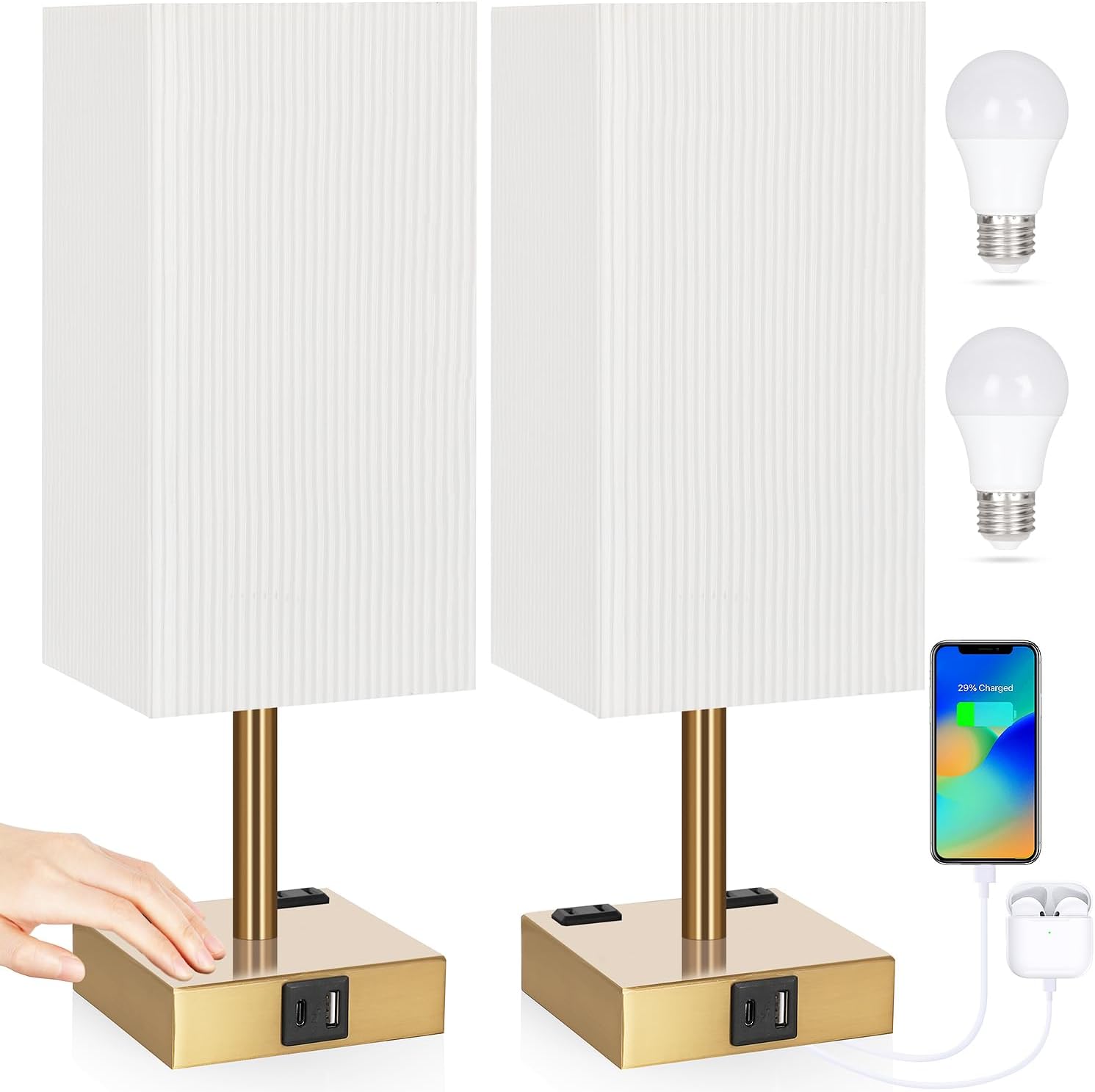 Set of 2 Bedside Table Lamp 3 Way Dimmable Nightstand Lamp with USB C & USB A Charging Port, 2 AC Outlets, 3000K LED Bulbs (Pleate)