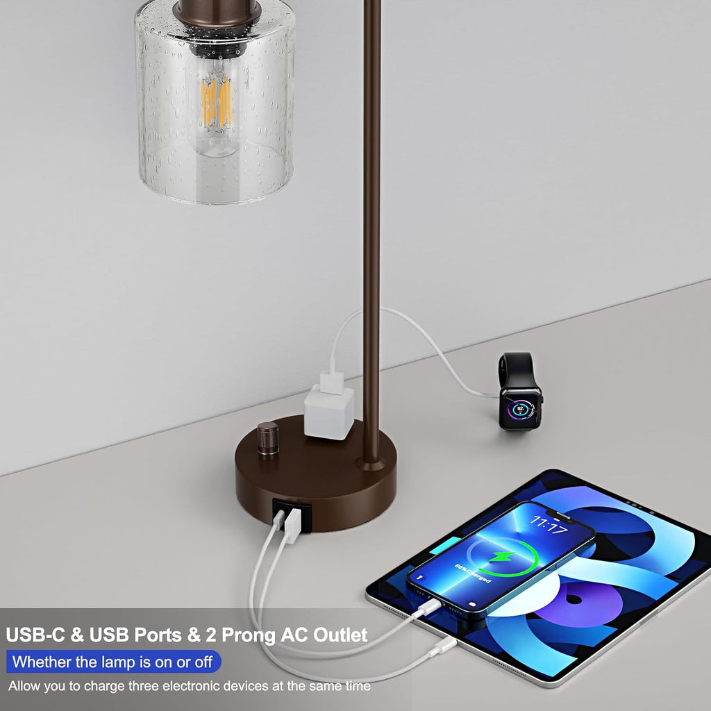 Innqoo Brown Industrial Bedside Table Lamp for Bedroom - Nightstand Lamps with USB C Charging Port, Fully Dimmable Black Ports and…