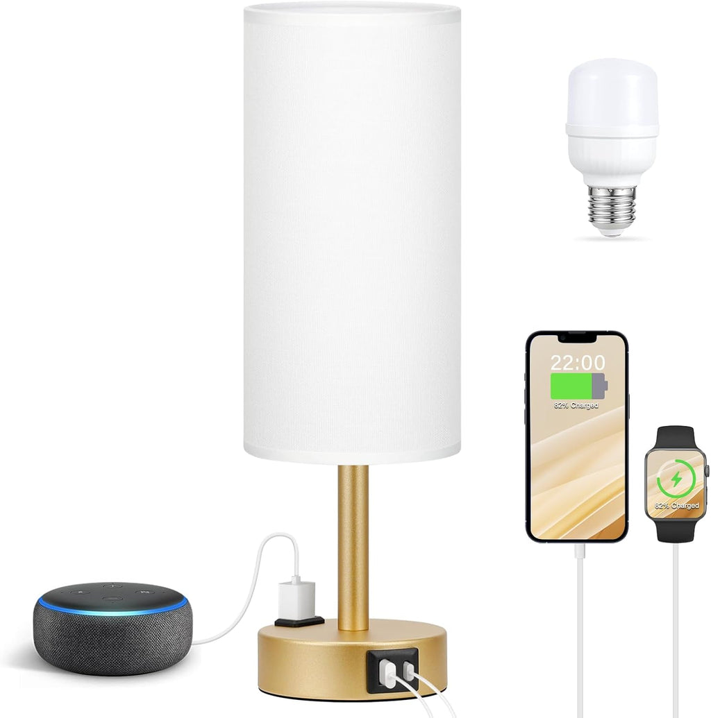 Fenmzee Gold Touch Lamp for Bedroom- 3 Way Dimmable Bedside Lamp USB C A Charging Ports and AC Outlet, Small Table Lamp White Linen…