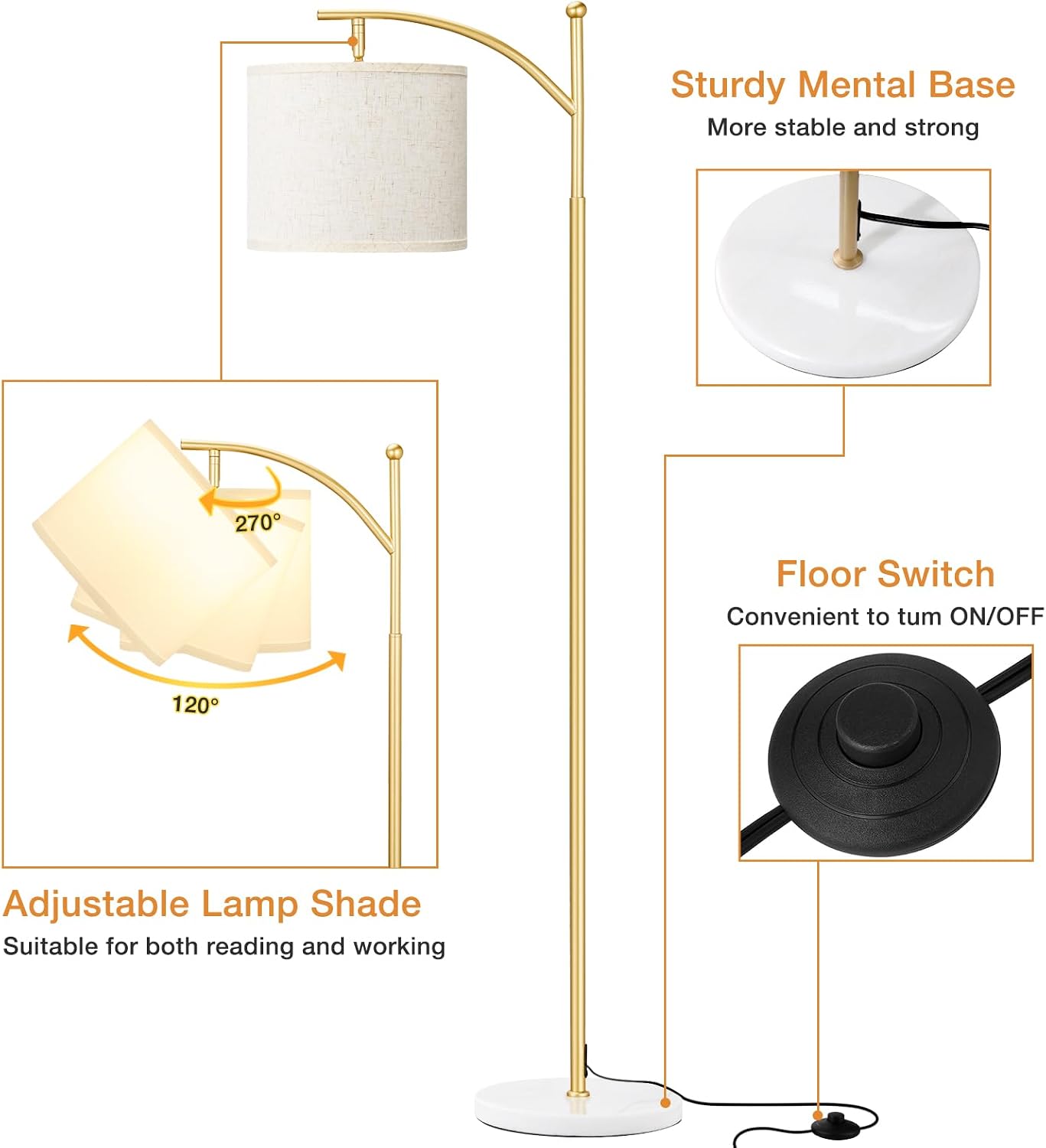 Ambimall 60" Floor Lamp for Living Room with 3 Color Temperatures, Gold Standing Lamp with White Marble Base, Modern Tall Lamp for…